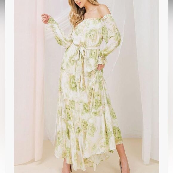 Flying Tomato Cream Green Floral Off Shoulder Flowy Tiered Belted Maxi Dress - Picture 3 of 16